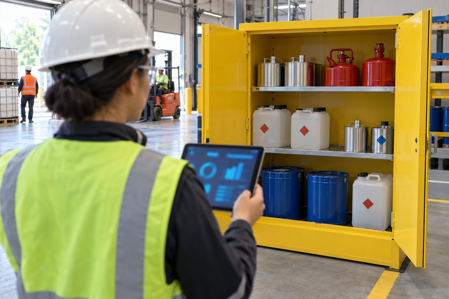 A chemical coordinator using X3 SDS on a tablet in a plant chemical storage area