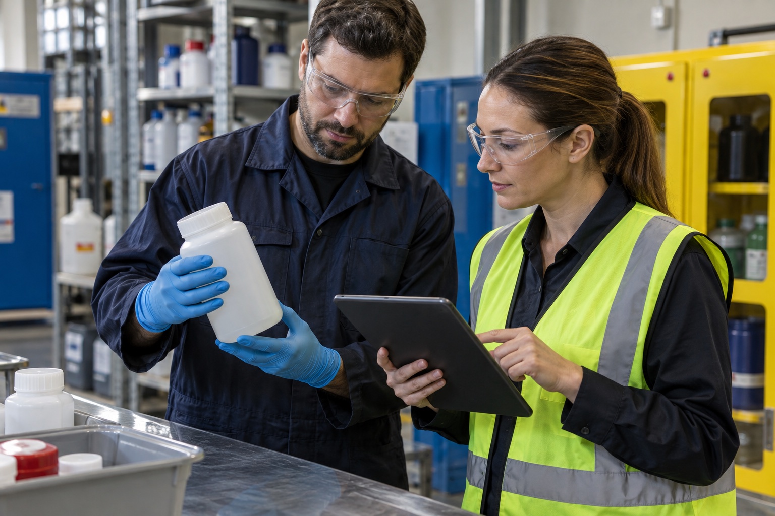 A worker in gloves holding a chemical container while a coordinator checks its record on a tablet beside a flammables cabinet