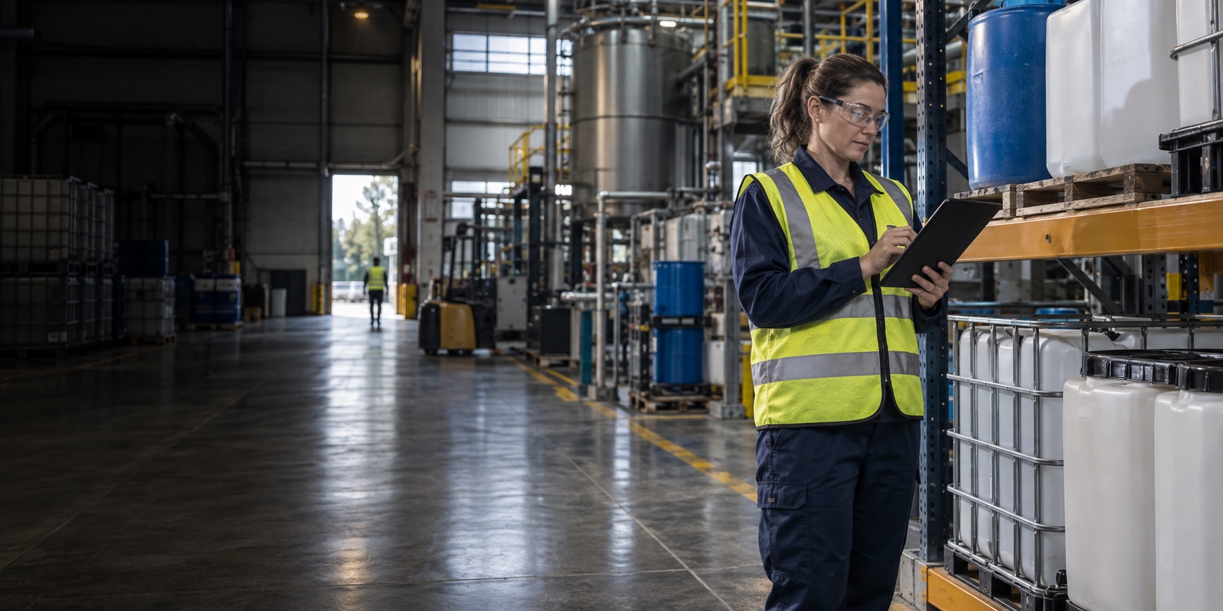 A chemical coordinator in a hard hat and vest checking containers against a tablet in a plant storage area