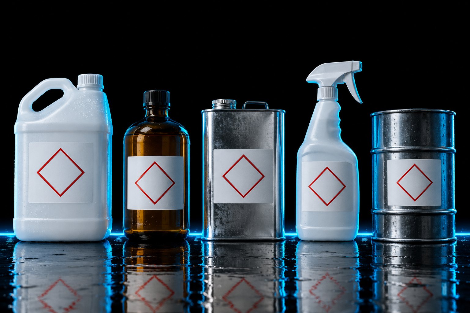 A row of five different chemical containers on the black floor: a white plastic jug, an amber glass bottle, a metal solvent can, a spray bottle and a small steel drum