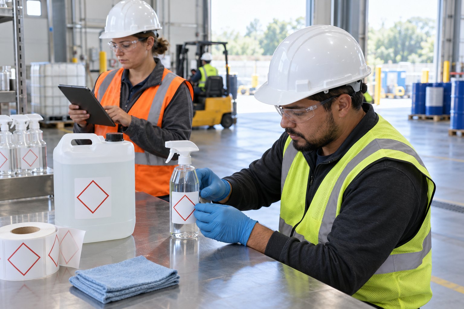 A worker in nitrile gloves at a stainless steel bench carefully pressing a blank white label with an empty red diamond border onto a clear spray bottle