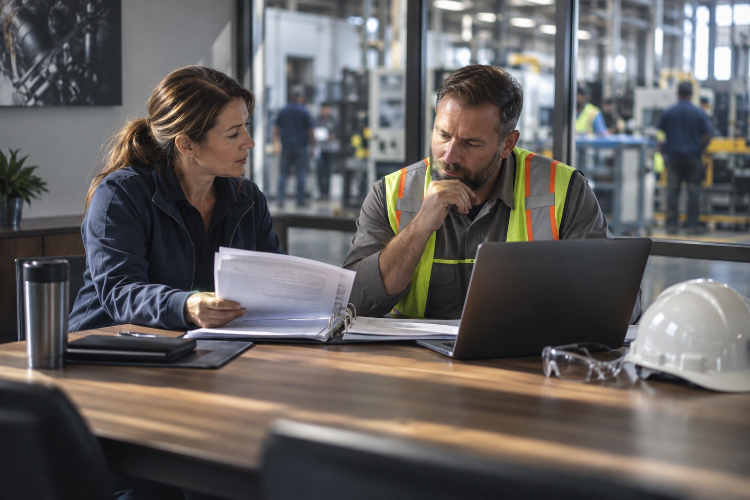 A chemical coordinator and a supervisor reviewing printed safety data sheets and a laptop at a table beside the plant floor