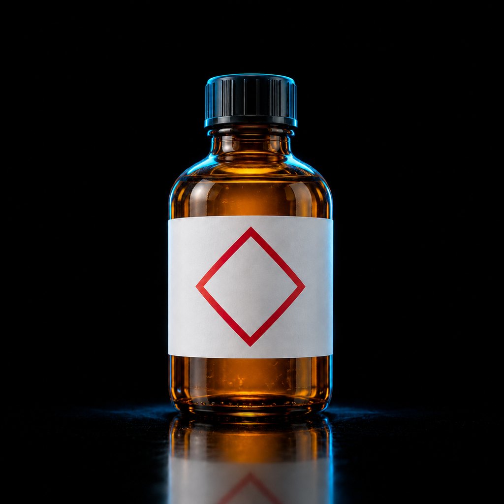 A single amber glass chemical bottle with a black cap and a blank white label that shows only an empty red diamond-shaped border
